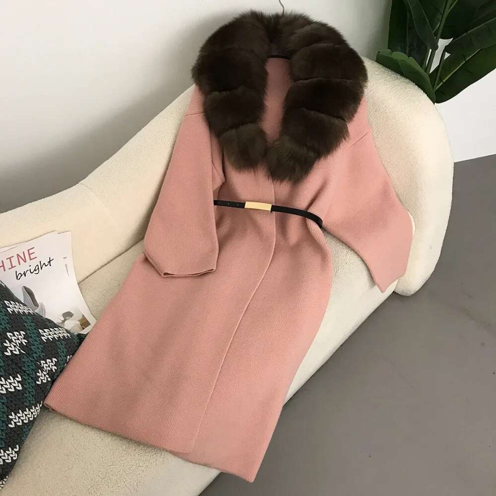 Real New Lazy Fashion Thick Long Fur Collar Cardigan Knitted Women's Natural Fox Skin Loose Coat