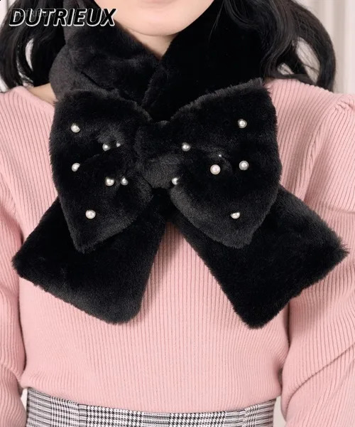 Japanese Cute Girl Cute Bow Scarf Winter Kawai Plush Rabbit Fur Warm Scarf Female Lolita Accessories Girl Black Scarf 241017