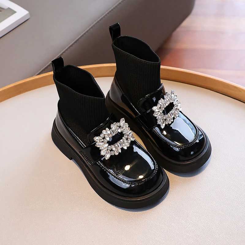 Boots Children Fashion Boots Girls Rhinestone Princess Boots Square Buckle Breathable Kids Sock Shoes 2024 Spring Autumn New H241018