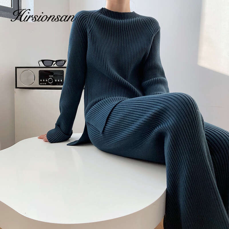 Hirsionsan Soft Cashmere Knitted Sets Women 2023 Autumn Winter Casual Two Pieces Sweater And Pants Outfits Solid Tracuit Lady