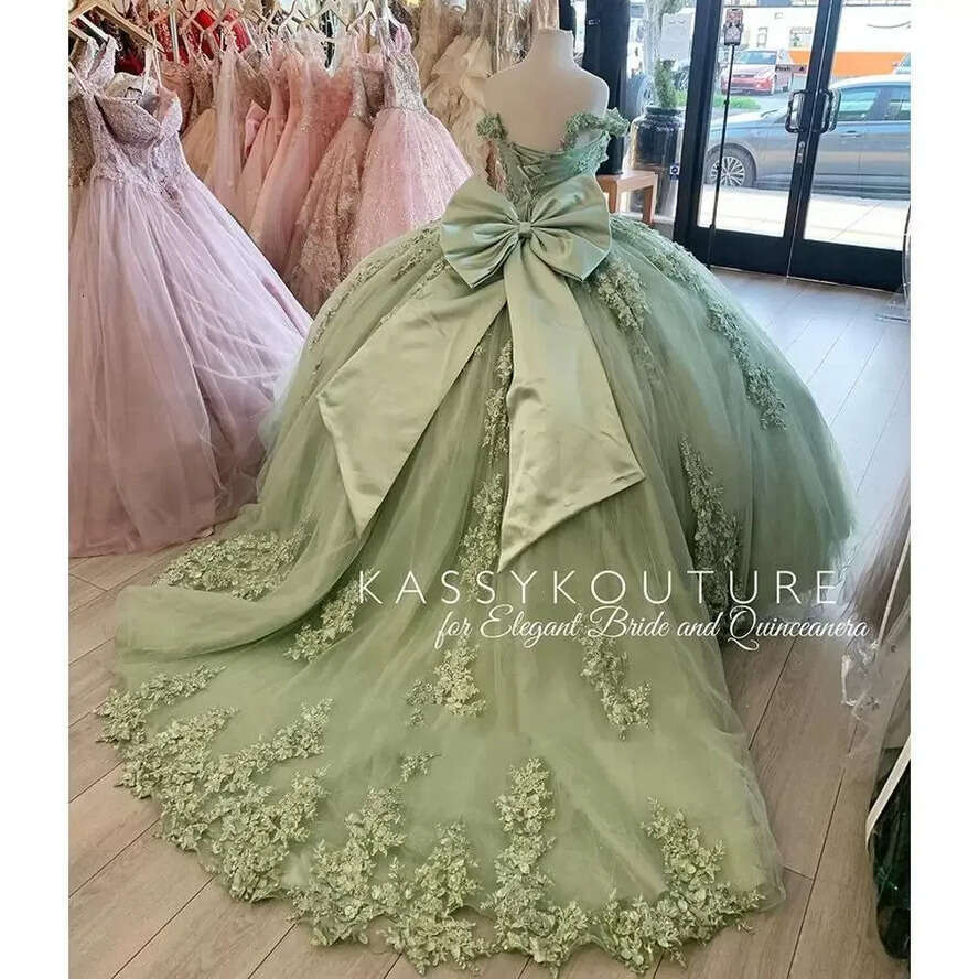 Green The Sage Off Shoulder Quinceanera Dresses Ball Gown Ral Appliques Lace Bow Back Corset For Sweet 15 Girls Party Prom Bc14216 0805