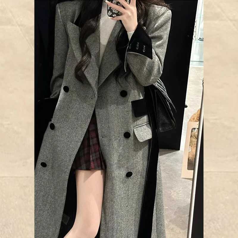 Hepburn style gray woolen coat for womens autumn and winter 2024 new long suit style woolen coatX241009