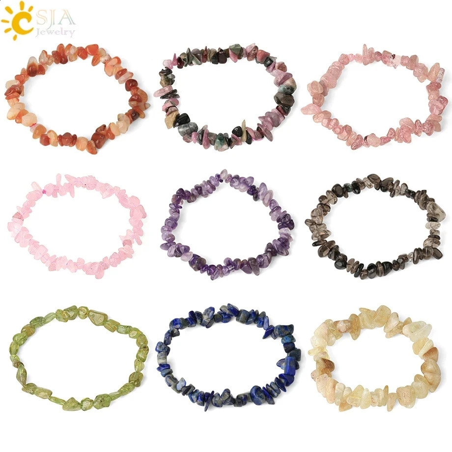 CSJA Irregular Chip Natural Stone Bracelet Asymmetric Bead Crystal Quartz Gravel Elastic Bracelet G365 241018