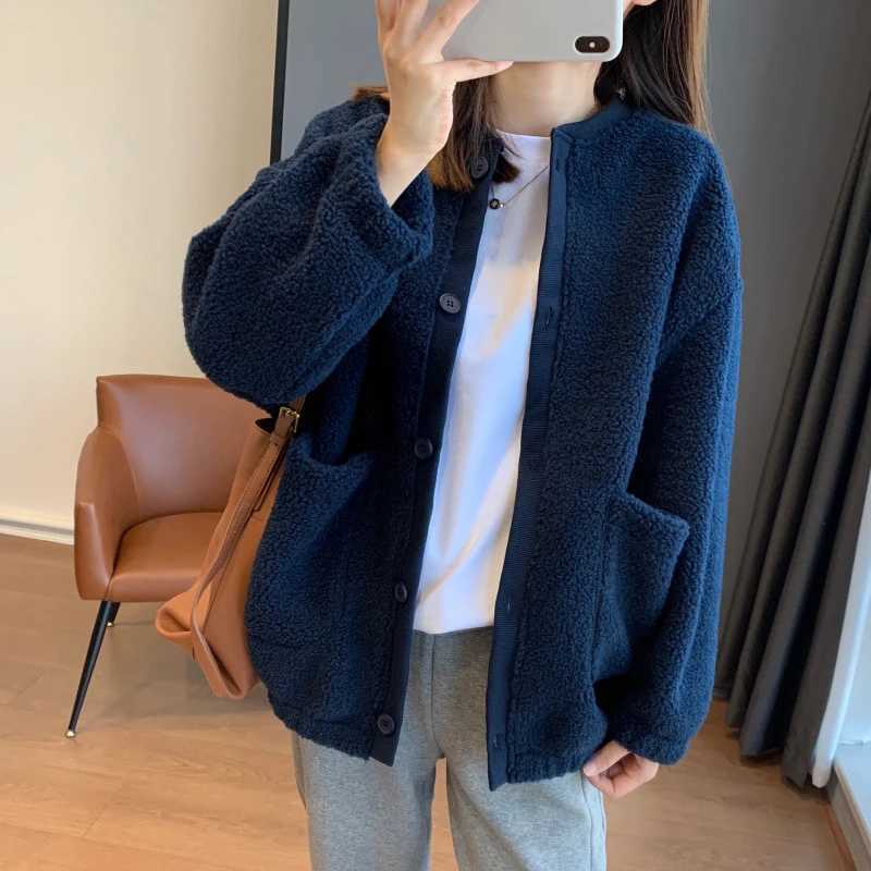 2024 New Casual Lamb Wool Jacket For Women Autumn Winter Solid Fleece Baseball Coat Simple Long Sleeved Cardigan Velvet OvercoatX241018