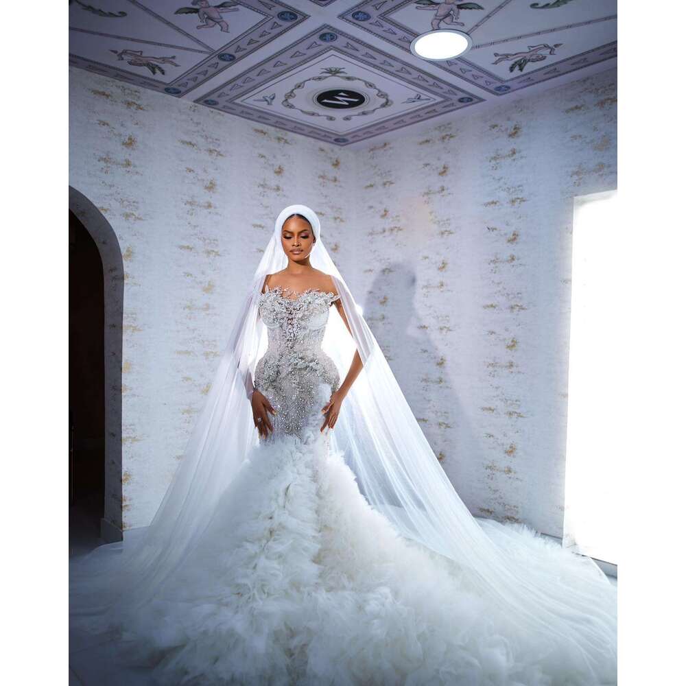 Gorgeous Beaded Mermaid Dresses With Long Train Puffy Tiered Tulle 2024 Aso Ebi Wedding Bridal Dress African Formal Gown 0218