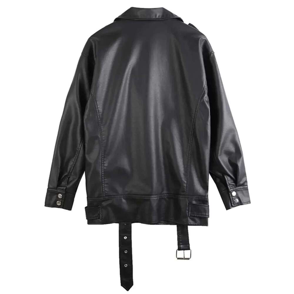 Oversize American Loose Motorcycle Faux Leather Jackets Fashion Black PU Coat Women With Belt Causal Outerwear