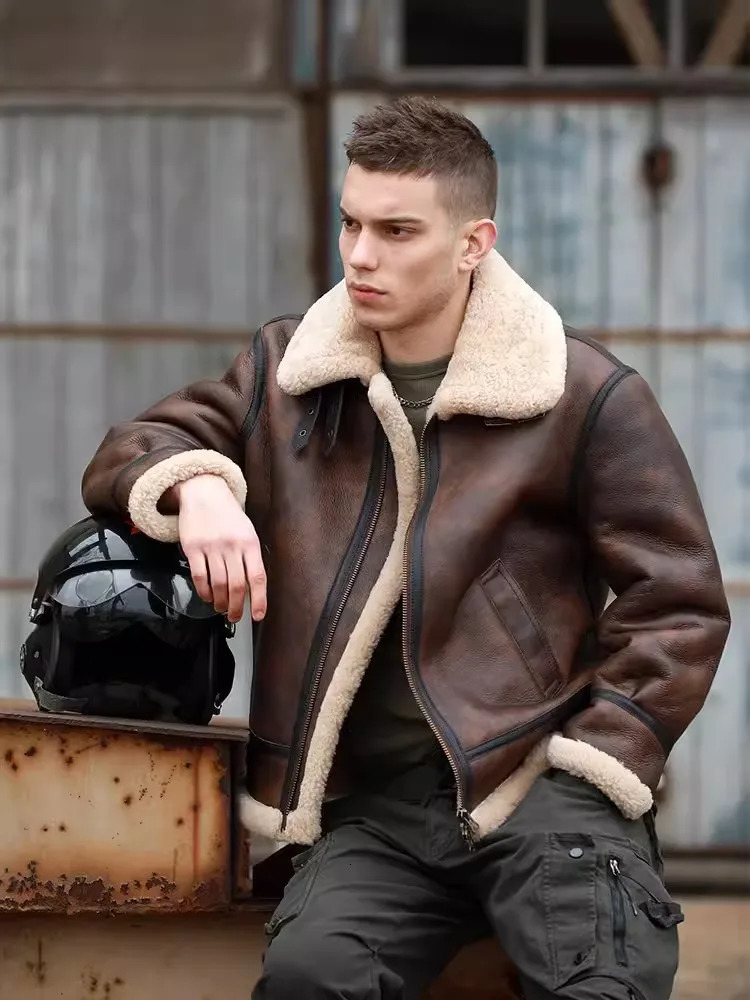 Classic Natural Real Fur Shearling Coat Men Zipper Streetwear Winter Warm Wool Mens Genuine Leather Pilot Motorcycle Jacket 241018