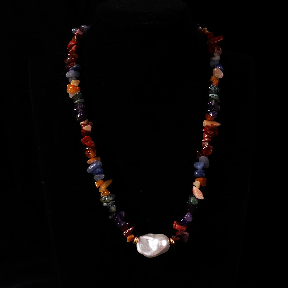 Natural gemstone necklace irregular red coral chip stone natural pearl jewelry production stainless steel accessories necklace 241018
