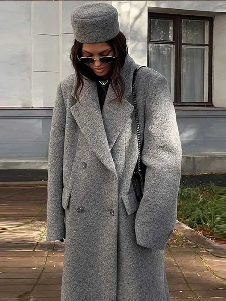 Fashion Turn Down Collar Coat Women Autumn Winter Elegant Long Sleeve Lady Long Coats Chic Pocket Female Double Breasted JacketX241009