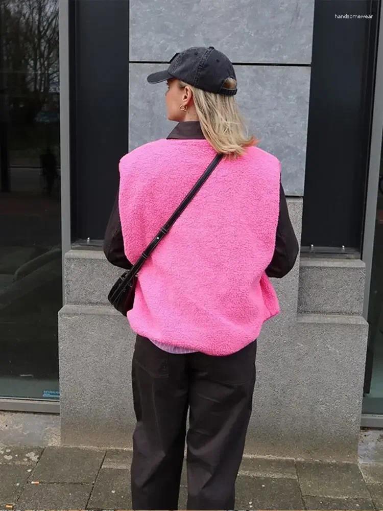 Chic Lamb Wool Single Breasted Pocket Vest Women Loose V Neck Sleeveless Warm Waistcoat Autumn Casual High Street Outerwear