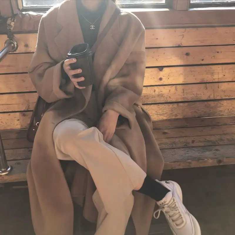 2023 Winter Korean Handmade Double Breasted Long 100% Wool Coat Women Casual Loose Lacing Belt Woolen Overcoat OversizedX241009
