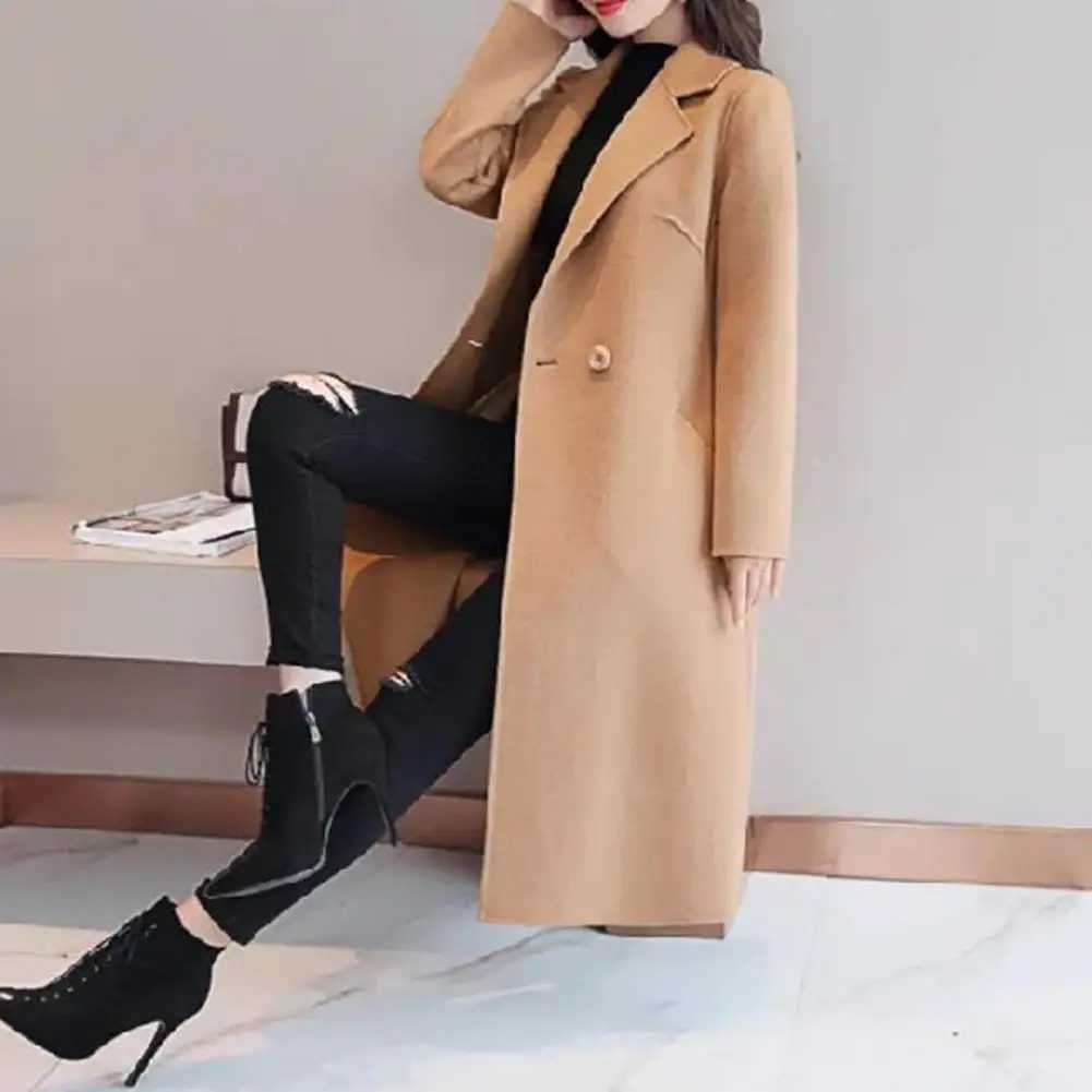 Women Woolen Coat Elegant Lapel Woolen Coat with Two Buttons Pockets for Women Stylish Mid-length Cardigan Outwear for AutumnX241009