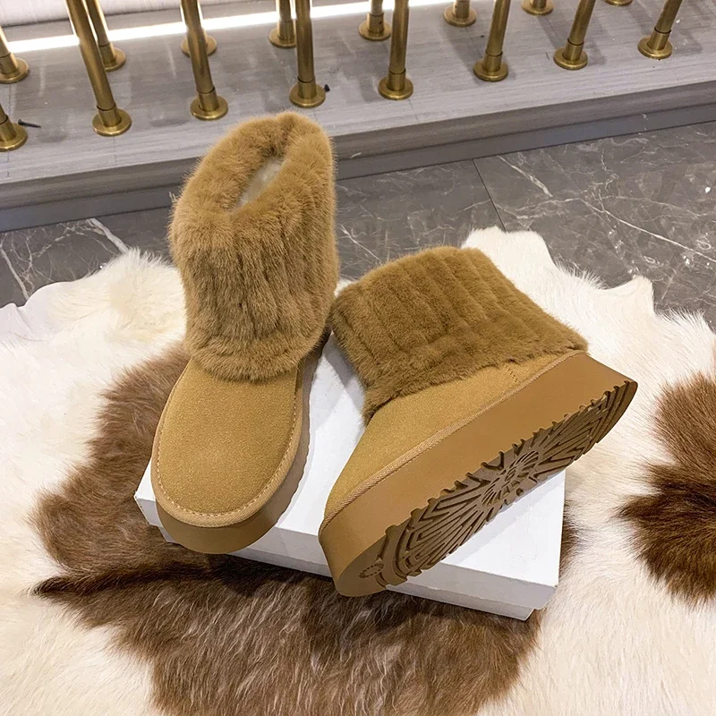 Mid Length Boots for Women's Winter 2024 New Western-style Thick Soles with Plush Insulation Fashion Women's Cotton Boots