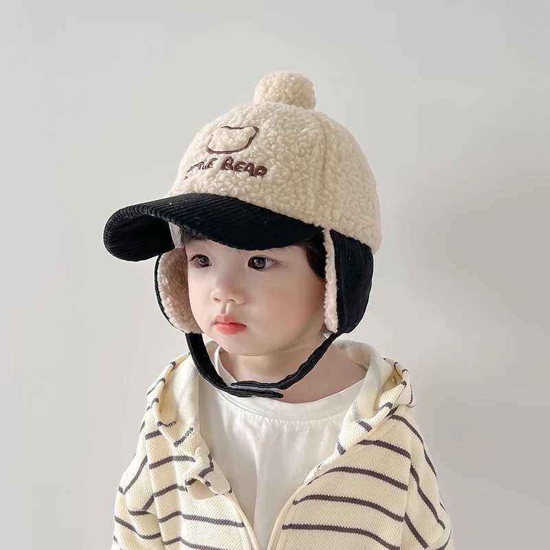 Korean Cute Bear Hat Autumn Winter Childrens Lambswool Lei Feng Hat Warm Padded Baby Ear Caps Boys Baseball Windbreaker Hat LX241018