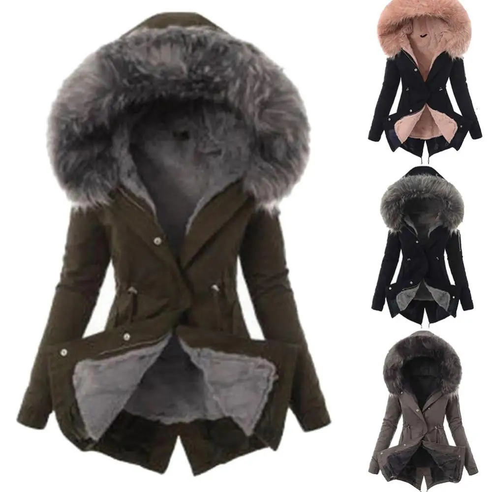 Warm Winter Women Faux Fur Hooded Cotton Down Jacket Casual Outwear Long Overcoat 241018