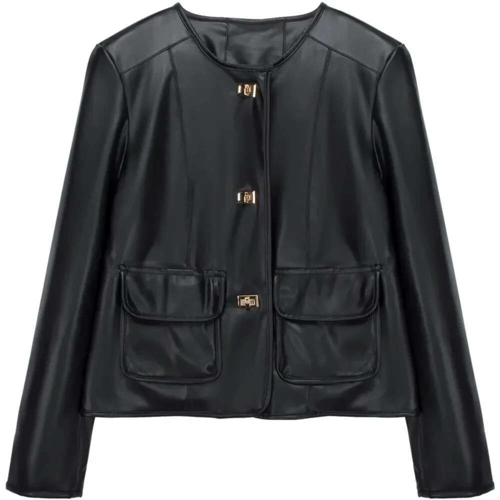 Artificial Women Spring Autumn New Fashion Round Neck Metal Buckle Leather Jacket 2024 Europe Popular Small Coat