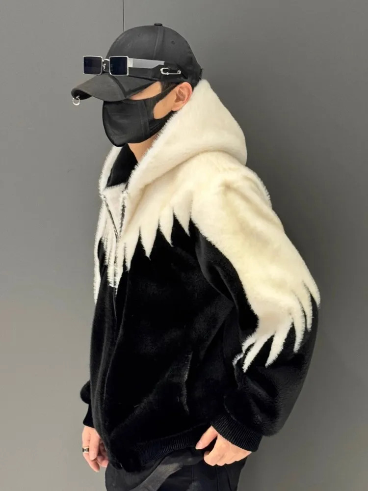 Winter Artificial Mink Fur Mens Hooded Jacket Fashion Zipper Mixed Colors Hip Hop Casual Outewear Personality High Street Coat 241018