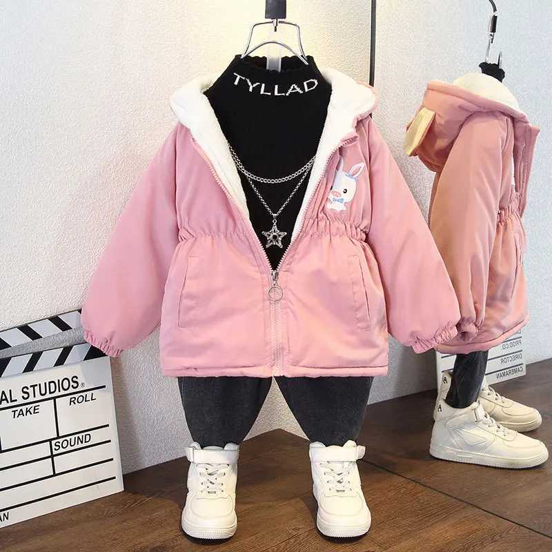 Fashion Girls Jacket with Velvet Autumn Girls Winter Coat Cartoon Rabbit Hooded Windproof Coat Childrens Clothing M241018
