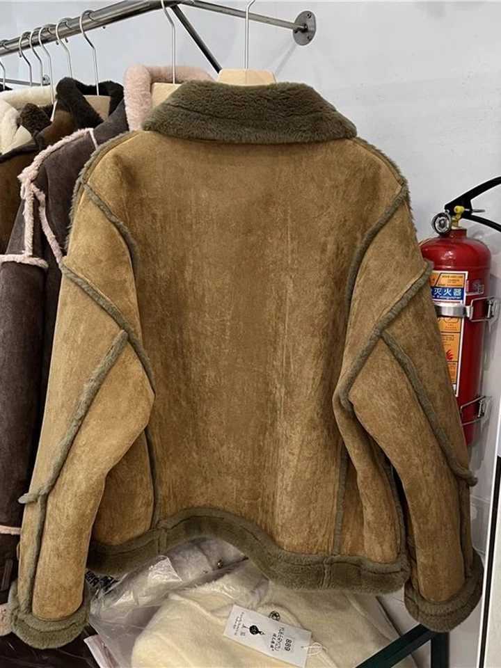 Winter Sheepskin Coat Faux Fur Suede Leather Women Warm Lamb Shearling Jacket Zipper Moto Biker Long Sleeve Short Casual OutwearX241018