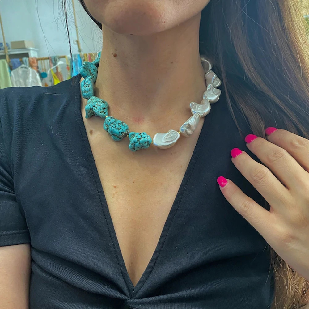 Irregular natural blue turquoise and shell bead necklace Bohemian handmade jewelry 241018
