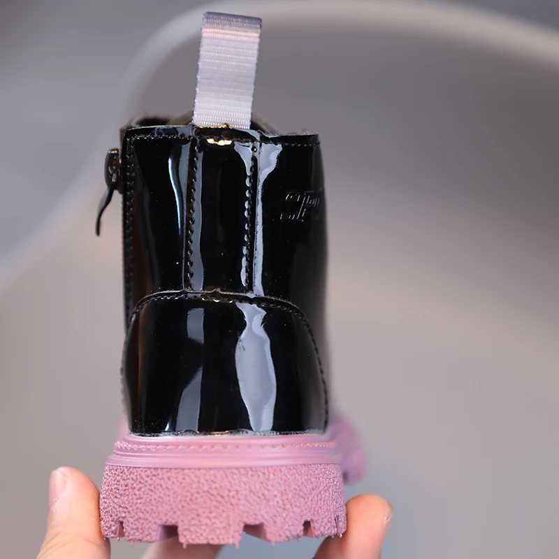Boots New girl ankle boots single leg leather boots simple PU bright leather solid color lace childrens shoes H241018