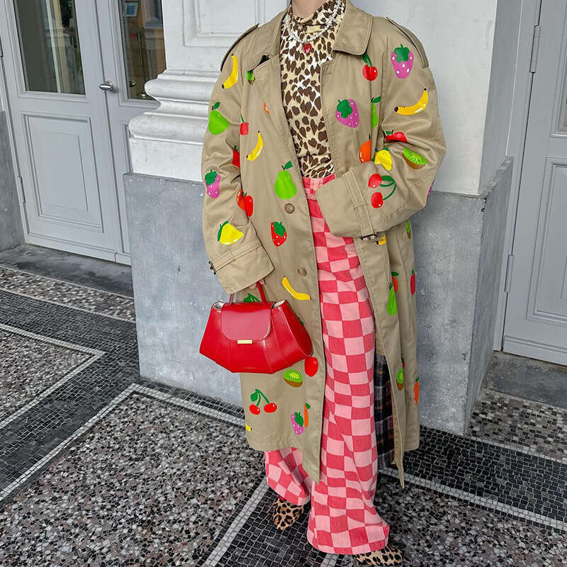 Fashion Print Long Trench Coat For Women 2024 Female Turndown Collar Chic Single-Breasted Windbreaker Outerwear New