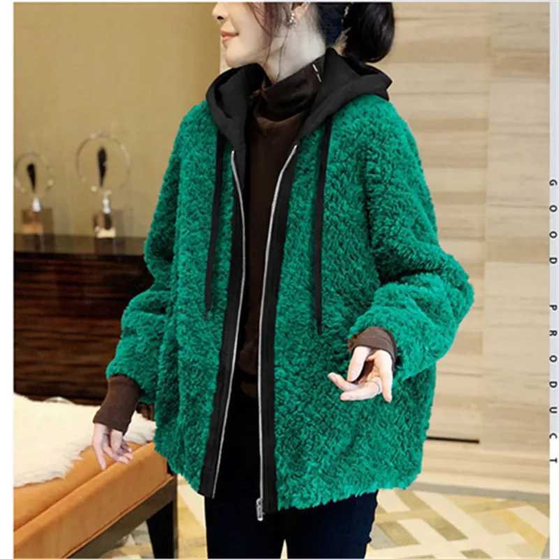 Green Plush Jackets For Women 2023 Zipper Hooded Stitching Coat Autumn Winter Fashion Long Sleeves Chamarras Para MujerX241018