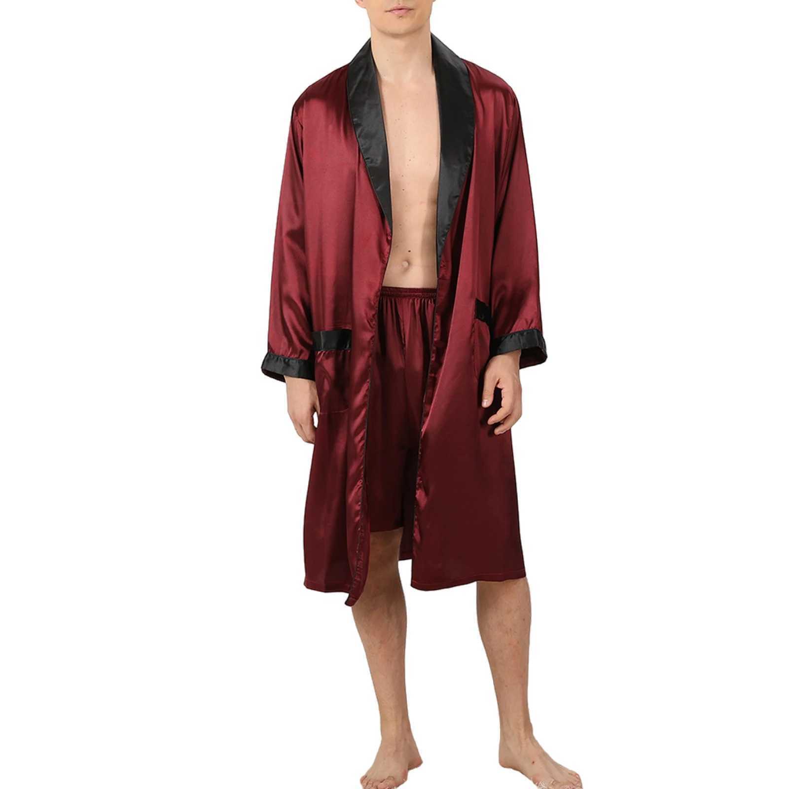 Douhoow Men Pajama Set Summer Male Long Sleeve Open Front Robe with Shorts and Belt Sleepwear LoungewearXJ241018