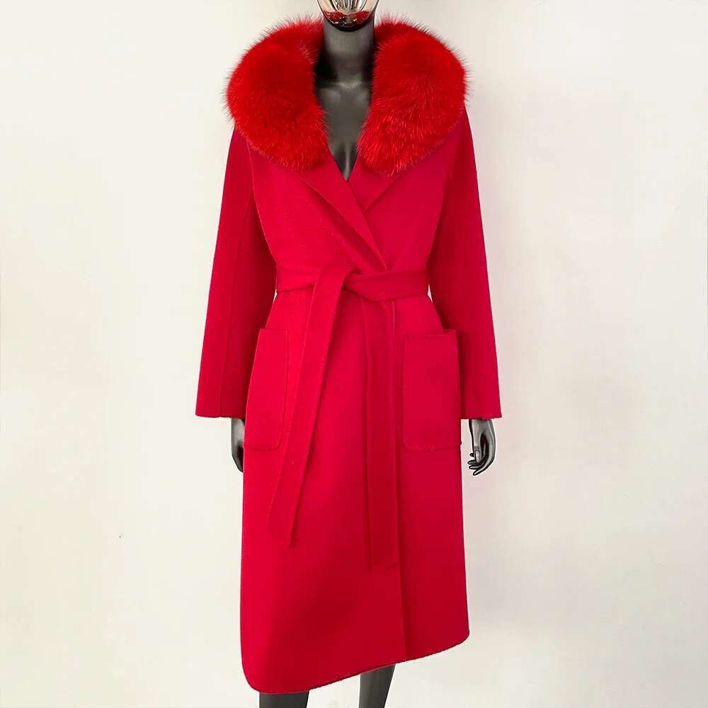 Women Warm Outerwear Casual Winter Natural Real Fox Clothes For Lady Long Fur Coat Woolen Ladies Handmade Wool Jacket