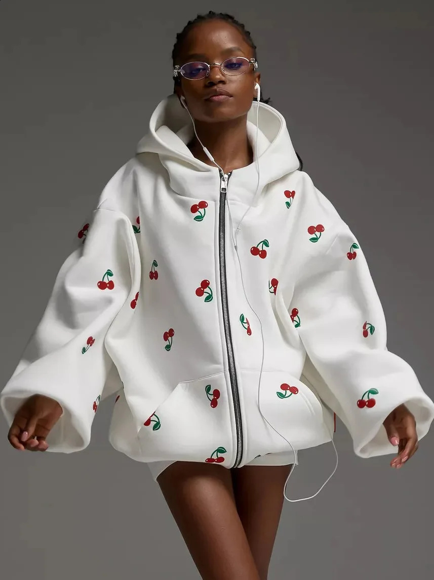 Autumn Women Sweatshirt White Cherry Print Hooded Cardigan Loose Hoodies With Pocket Zipper Outerwear Females Jacket Tops 241017