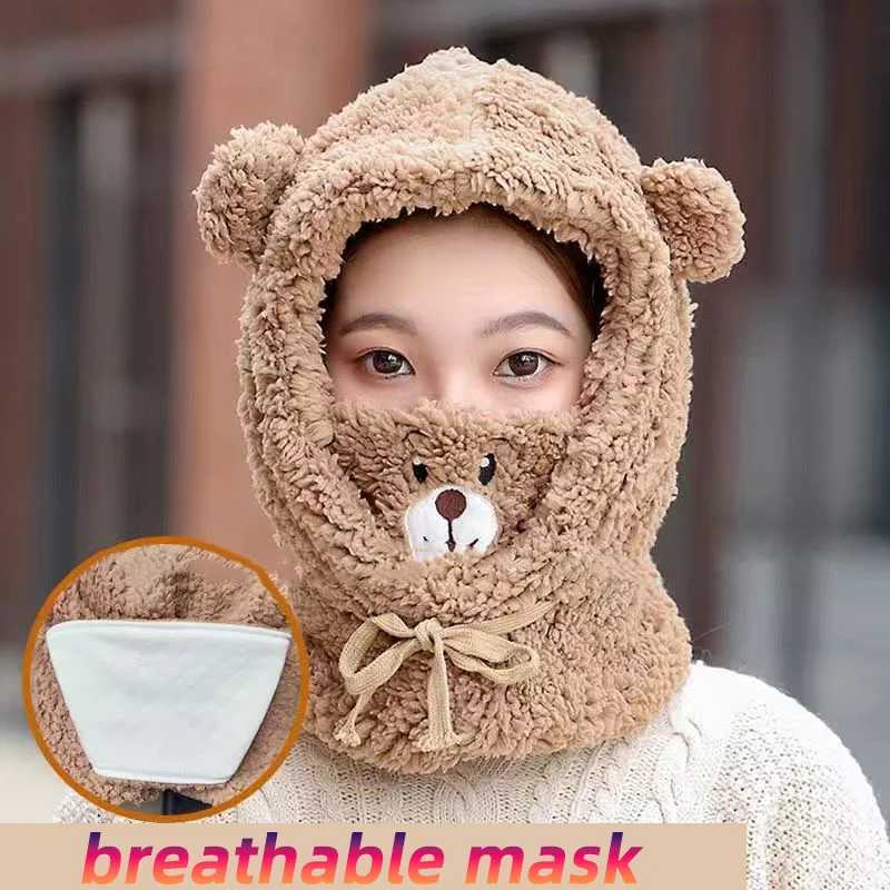 Winter Hat With Mask Bear Lamb Beanie Hats Warm Thickened Ear Protection Skullies Beanies for Women Girl Kawaii LX241018