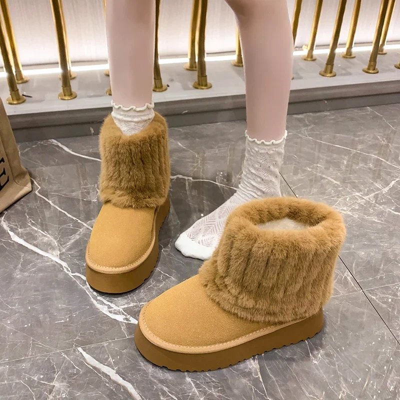 Mid Length Boots for Women's Winter 2024 New Western-style Thick Soles with Plush Insulation Fashion Women's Cotton Boots