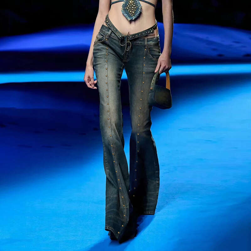 Designer Distressed Rivet Low Rise Jeans Women Y2k Aesthetic Slim Flare Pants Street Fashion Tech Retro Denim Trouser