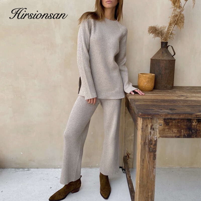 Hirsionsan Elegant Soft Knitted Sets Women Autumn Winter Warm Casual Two Pieces Sweater And Pants Outfits Solid Tracuit Lady