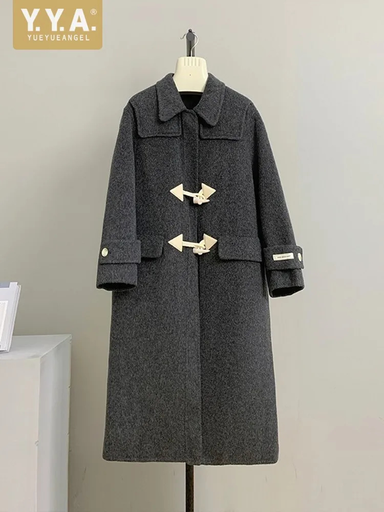 Autumn Winter Women Vintage Horn Button Double Faced Wool Coat Long Blends Fashion Loose Fit Thick Windbreaker Trench 241018