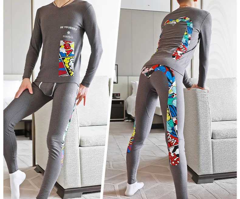 Mens Thermal Underwear Mens hot underwear set suitable for young thin personalized big M printed teeth German velvet autumn chloroprene underwear the 