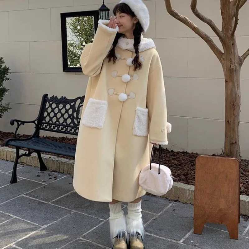 Womens Coat Milk Yellow Lamb Wool Cow Horn Button Woolen Outerwear Autumn Winter New Design Cute Sweet Female ClothingX241009