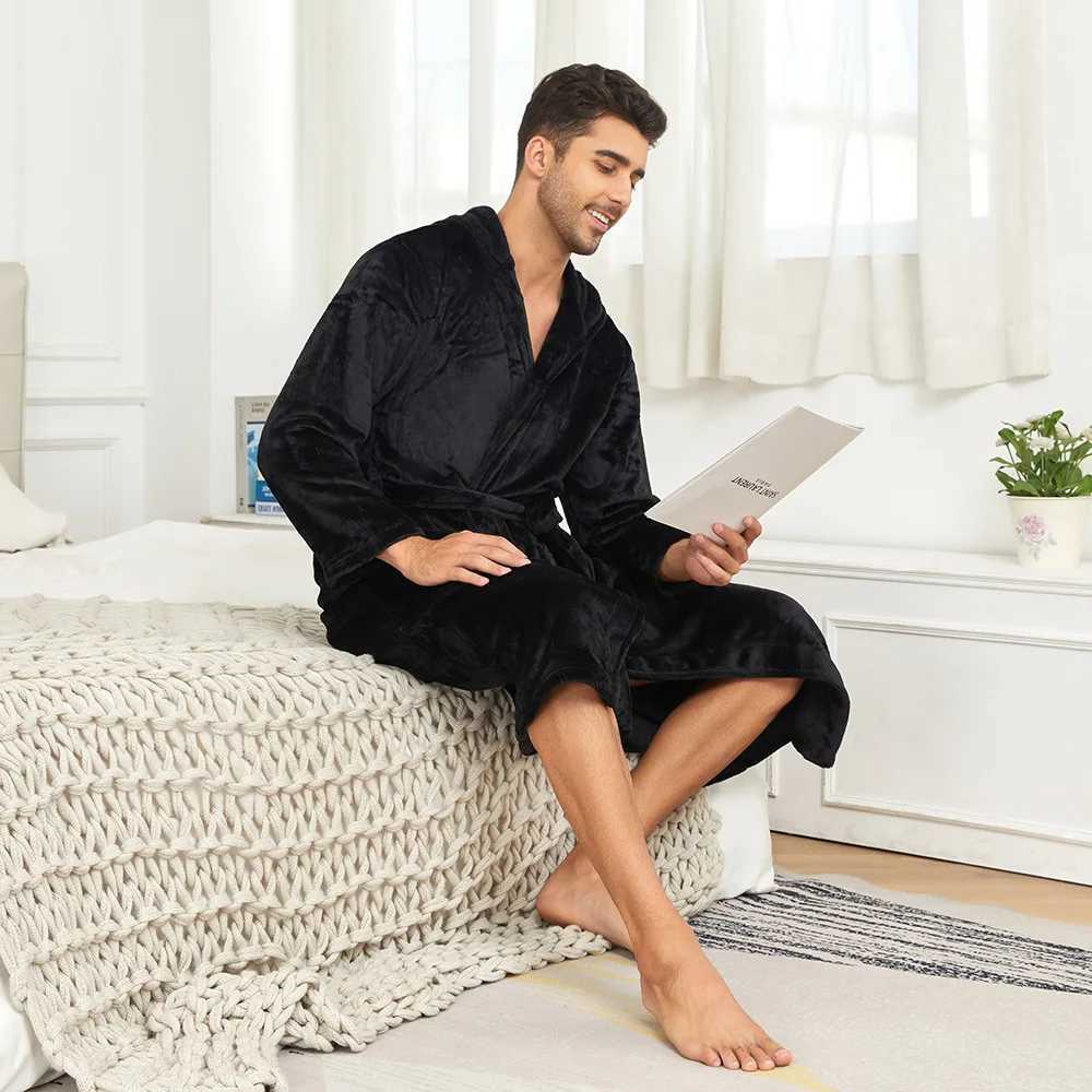 Solid Color Hooded Kimono Shower Robe for Men Autumn Winter Warm Shower Bathrobe Gown Soft Home Clothes with Pocket NightgownXJ241018