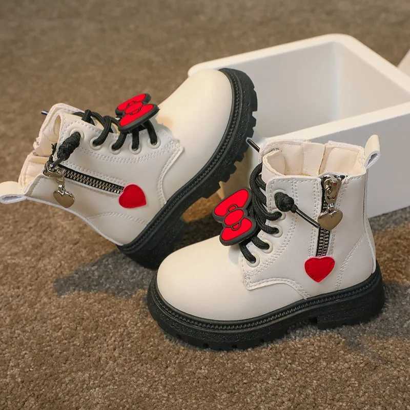 Boots New plush warm childrens ankle boots fashionable bow girl princess leather boots H241018