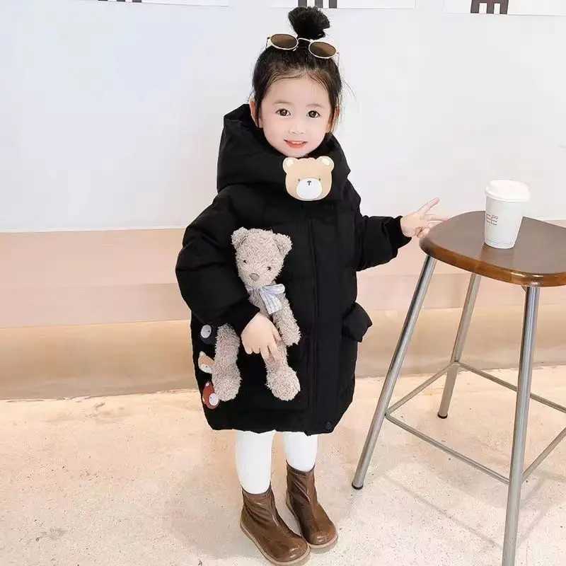 Winter Womens Jacket Long Cartoon Bear Print Thick Hoodie Suitable for 2-6Y Womens Down Jackets M241018