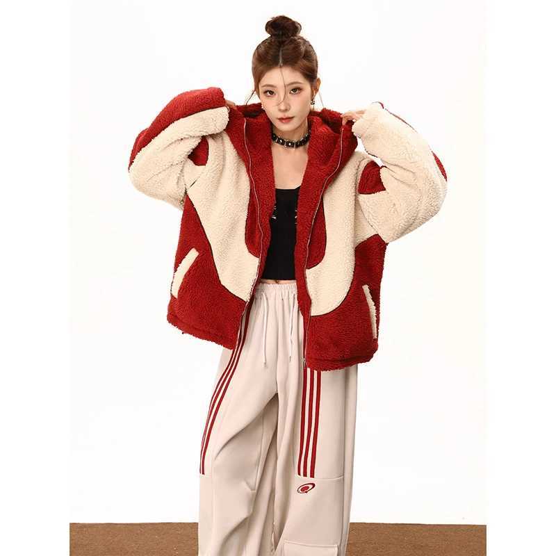 Autumn Winter Lamb Wool Jacket Women Fashion Thickened Padded Hooded Outwear Loose Casual Zipper Long Sleeve Female CoatsX241018