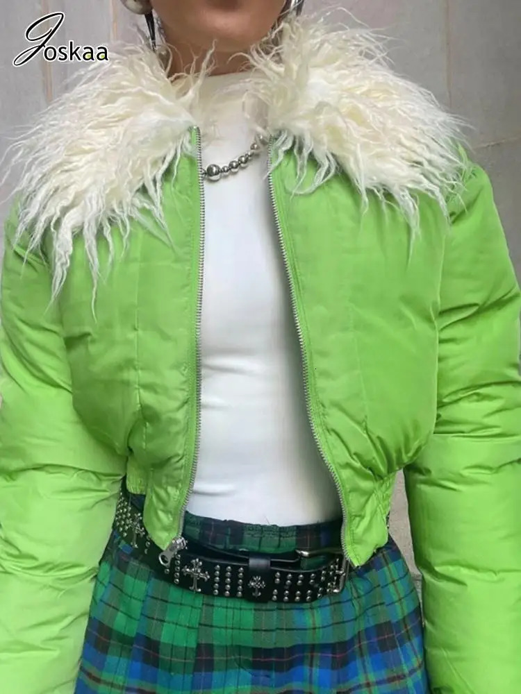 Joskaa Fashion Fur Collar Full Sleeve Crop Parkas Women Clothing Winter Casual Short CottonPadded Jackets Outerwear Streetwear 241018