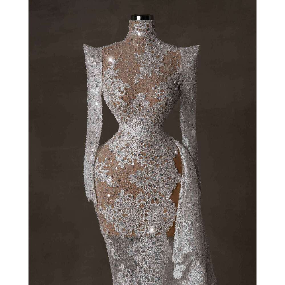 Fashion See Through Mermaid Wedding Dresses Appliques Bridal Gowns Pearls Sequins Custom Made Vestido de novia