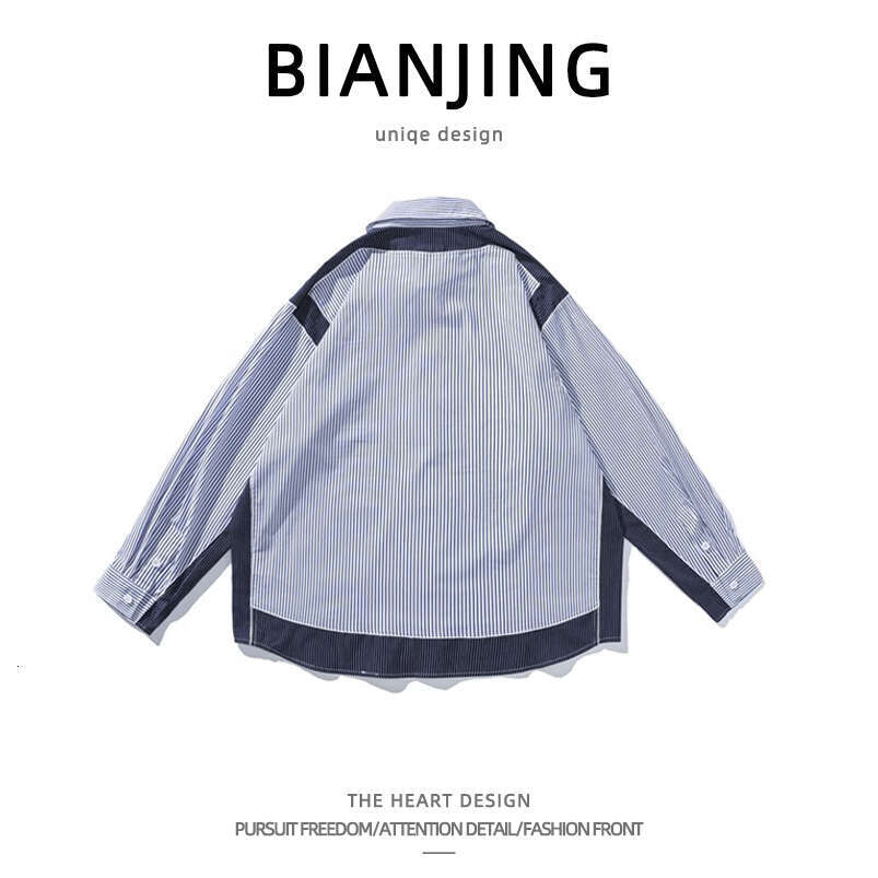 shanshi Men's shirts Spring and Autumn Tide Brand Striped Long Sleeve Men's Cityboy Pocket Loose Shirt Splicing Fake Two Piece Coat