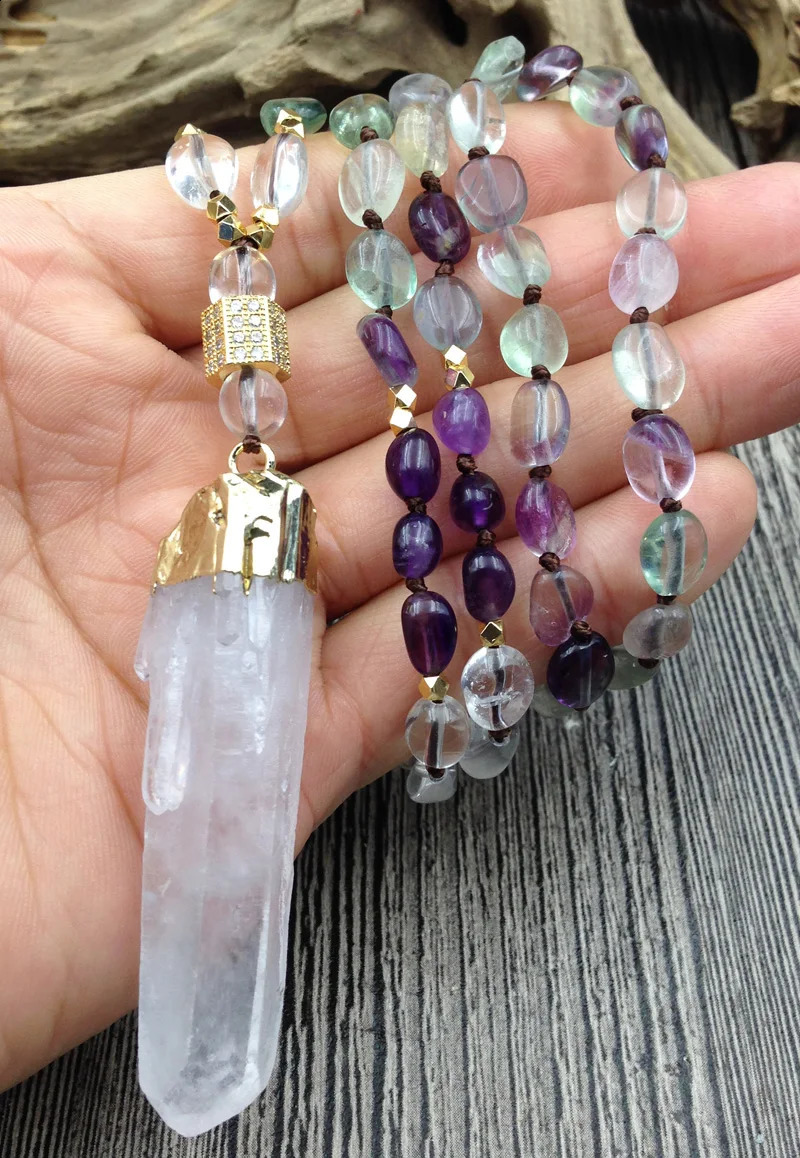 YA2830 Natural Quartz Pendant Fluorite Quartz Irregular Diamond Bead Knot Handmade Necklace 241018