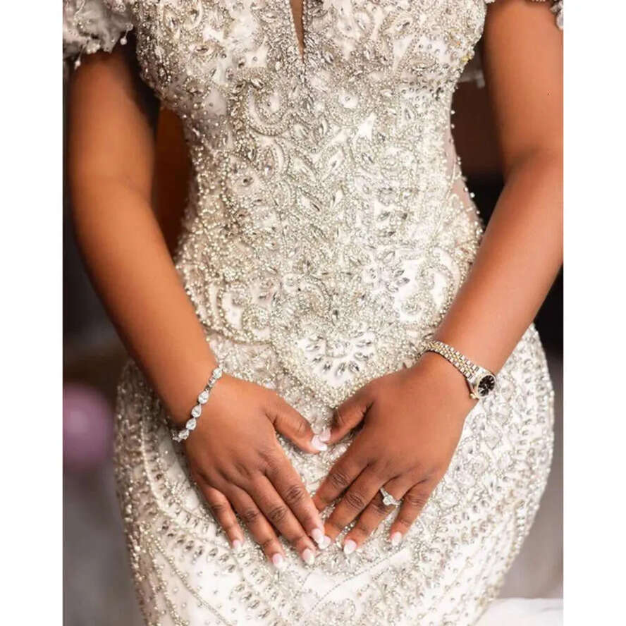Arabic Aso Oct Ebi Urious White Mermaid Wedding Dress Beaded Crystals Tulle Bridal Gowns Dresses ZJ Es es