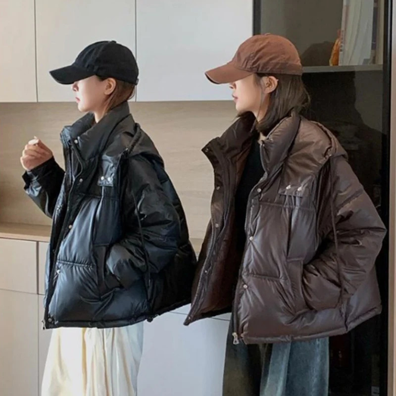 Rimocy American Vintage Brown Short Jacket Woman Fashion Warm Long Sleeve Parkas Autumn Winter Hooded Puff Coats 241018
