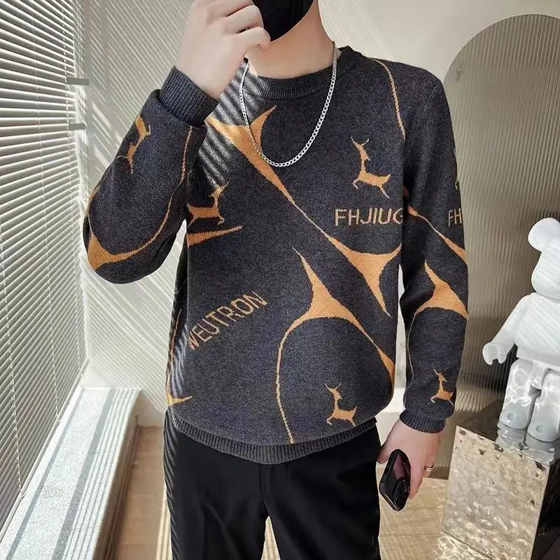 Fashion ONeck Spliced Casual Letter Sweaters Mens Clothing Autumn Winter Loose Knitted Korean Pullovers Allmatch Tops 241018