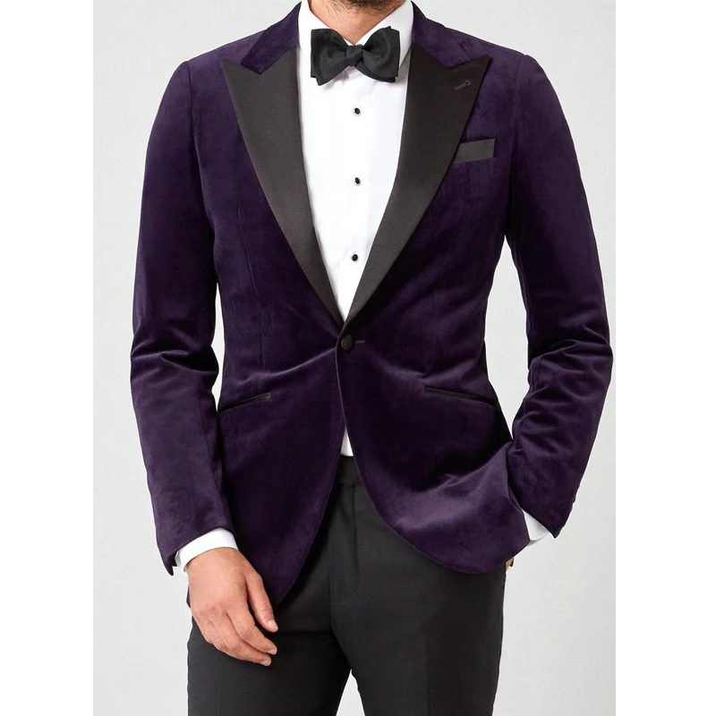 2 Pieces Velvet Men Suits for Prom Wedding Tuxedo for Groomsmen Purple Dinner Blazer with Black Pants Male Fashion Costume
