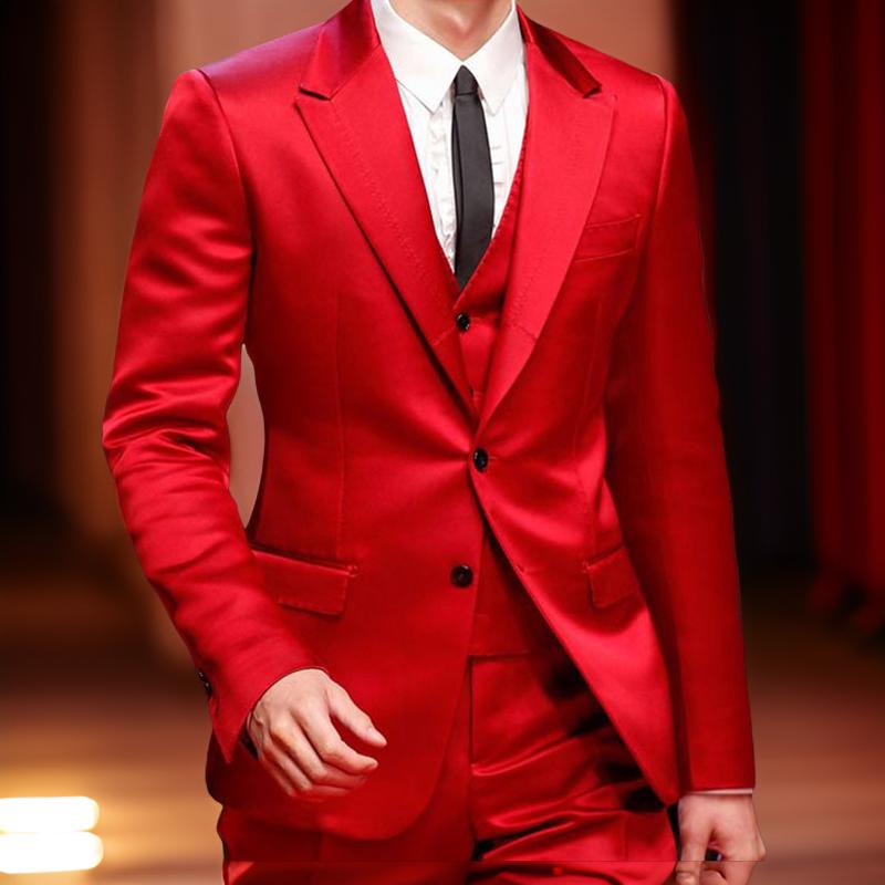Red Smoking Suits For Men Slim Fit 3 Pieces Wedding Prom Tuxedo Jacket Vest With Pants Male Fashion Clothes Peaked Lapel Costumes